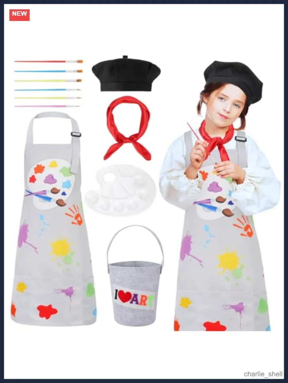 Kids Artist Costume Set Painter Dress Up Beret Apron Palette Brush Career Day